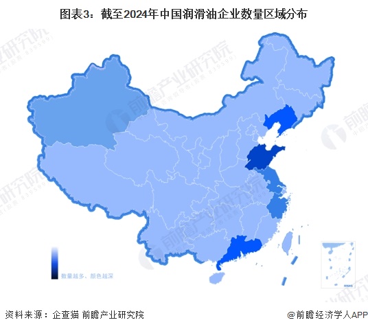 圖表3：截至2024年中國(guó)潤(rùn)滑油企業(yè)數(shù)量區(qū)域分布